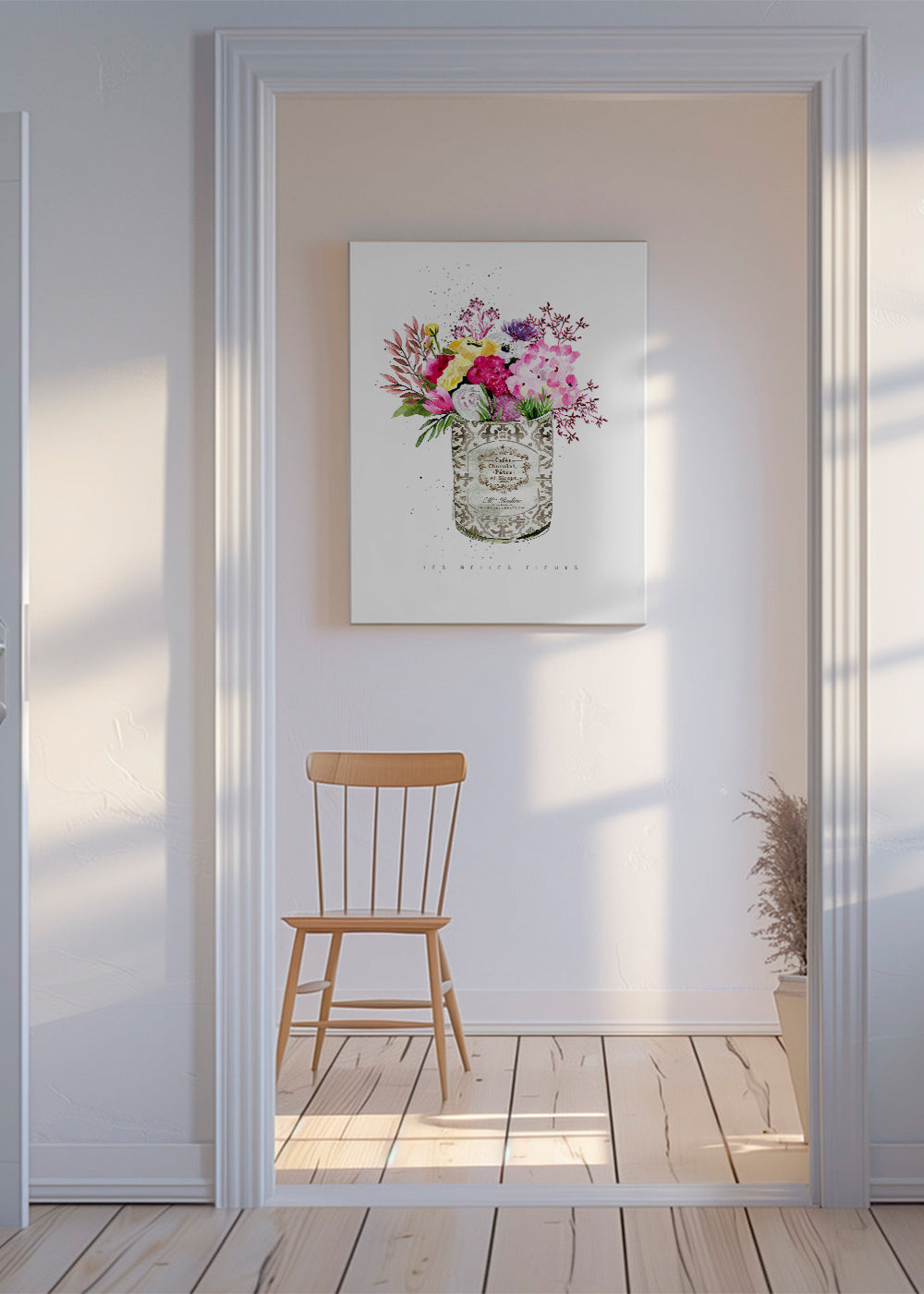Botanisk print i vintageburk med akvarellbukett