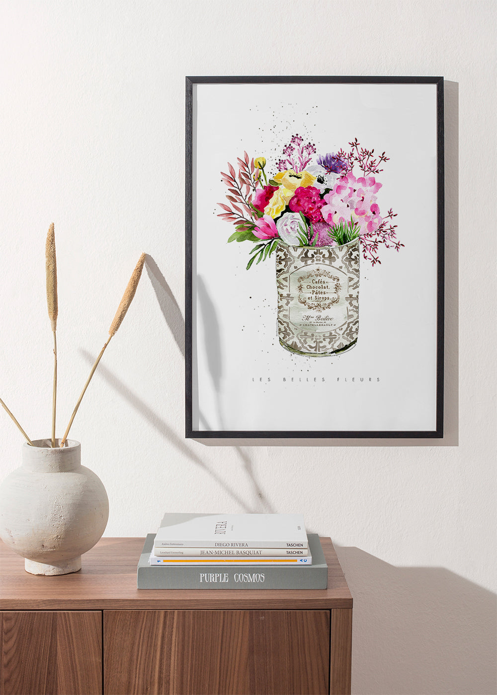 Botanisk print i vintageburk med akvarellbukett