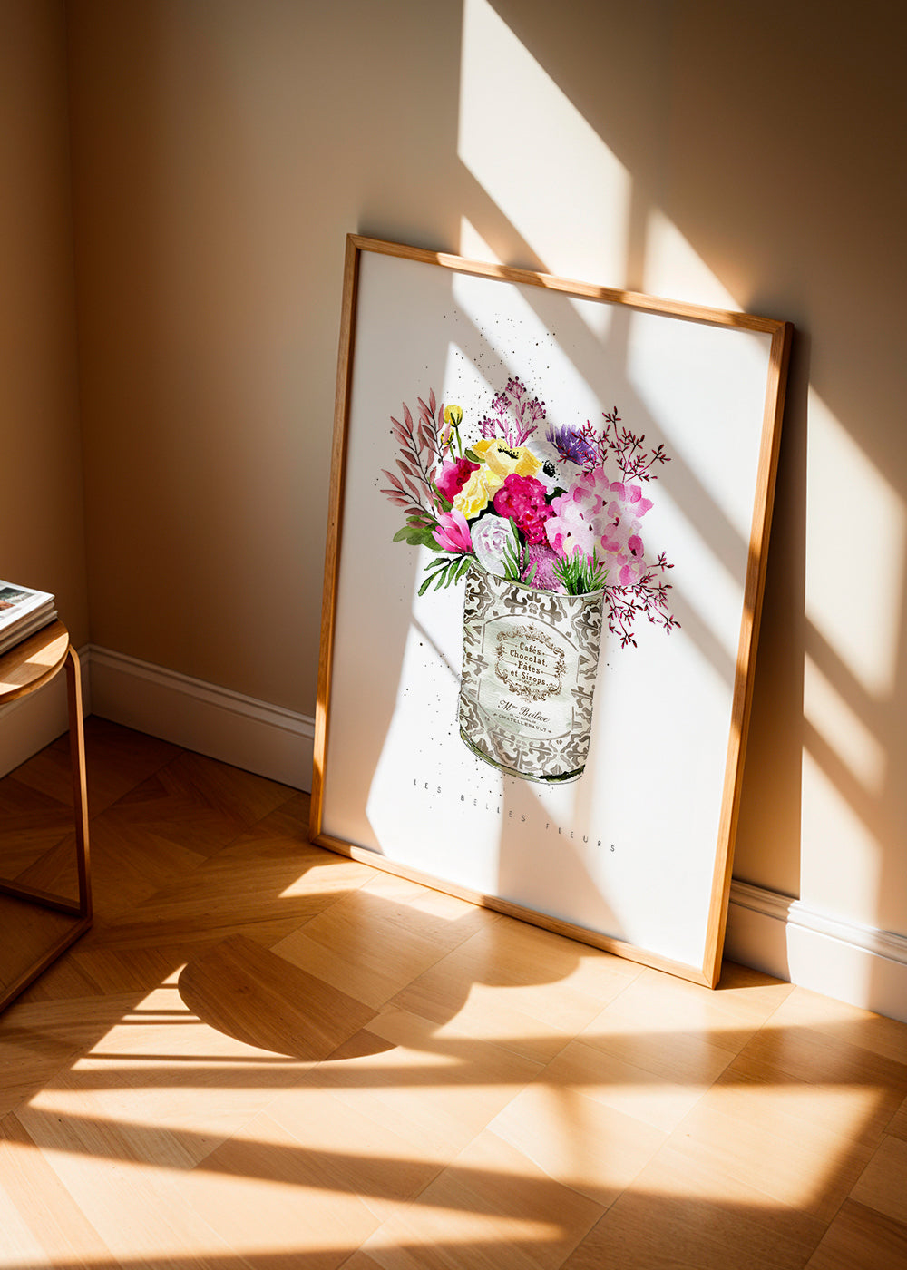 Botanisk print i vintageburk med akvarellbukett