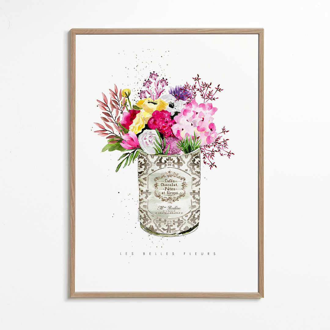 Botanisk print i vintageburk med akvarellbukett
