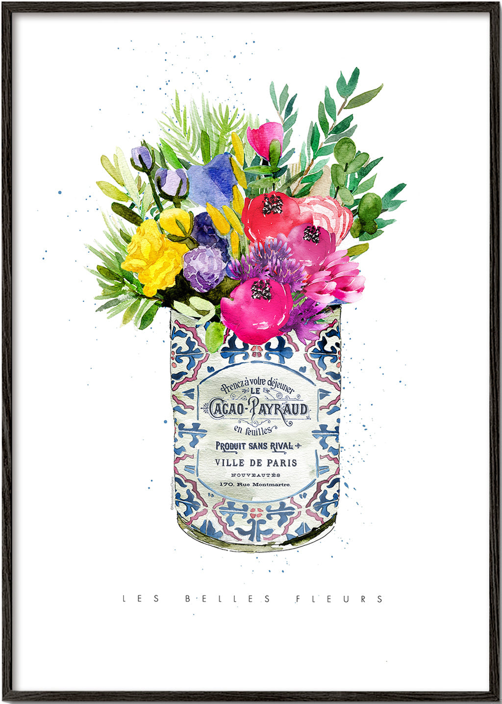 Botaniskt tryck i vintageburk med akvarellbukett