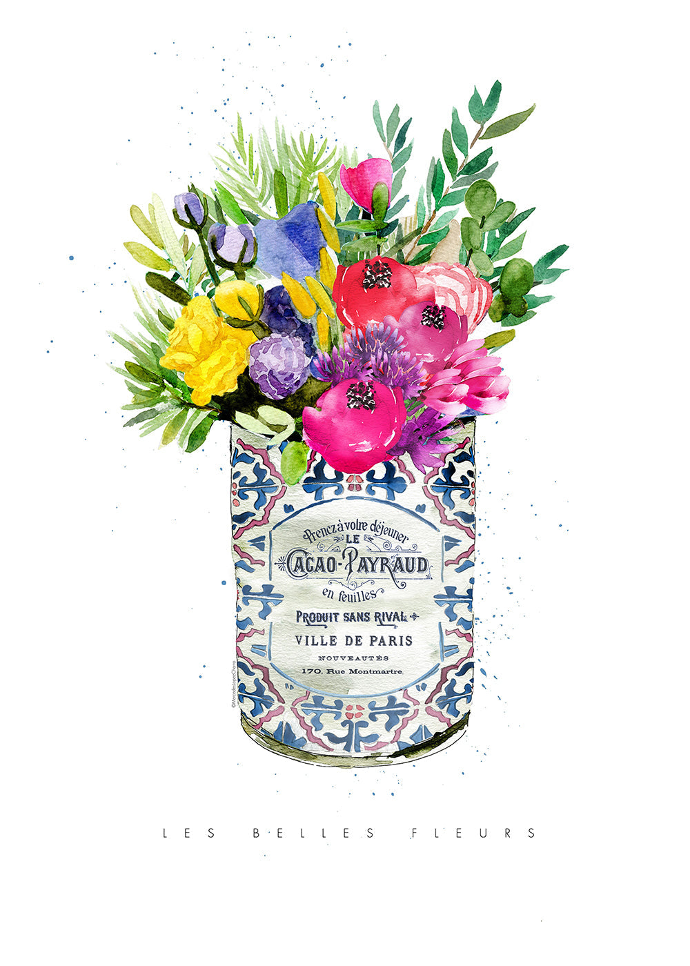 Botaniskt tryck i vintageburk med akvarellbukett