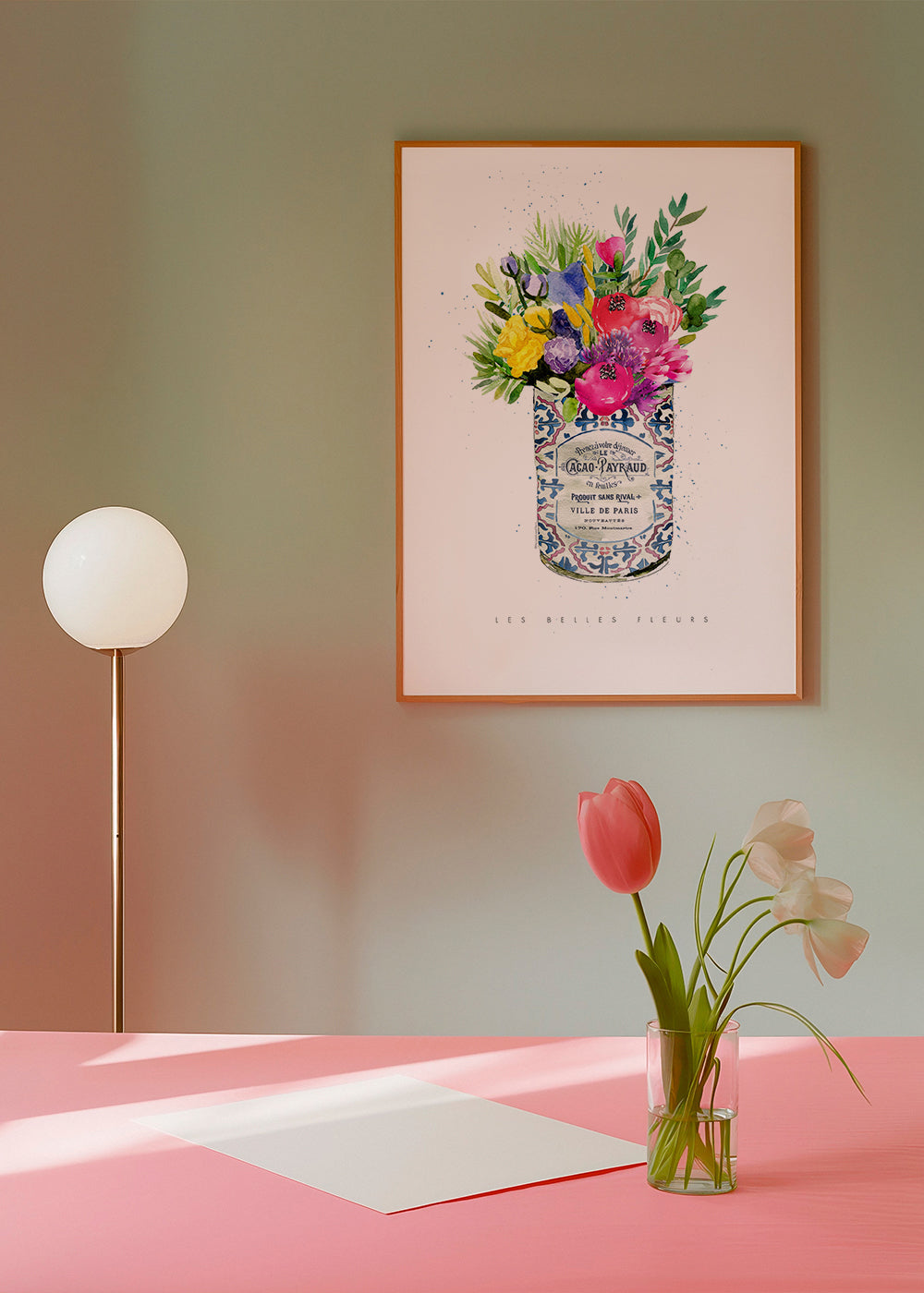 Botaniskt tryck i vintageburk med akvarellbukett