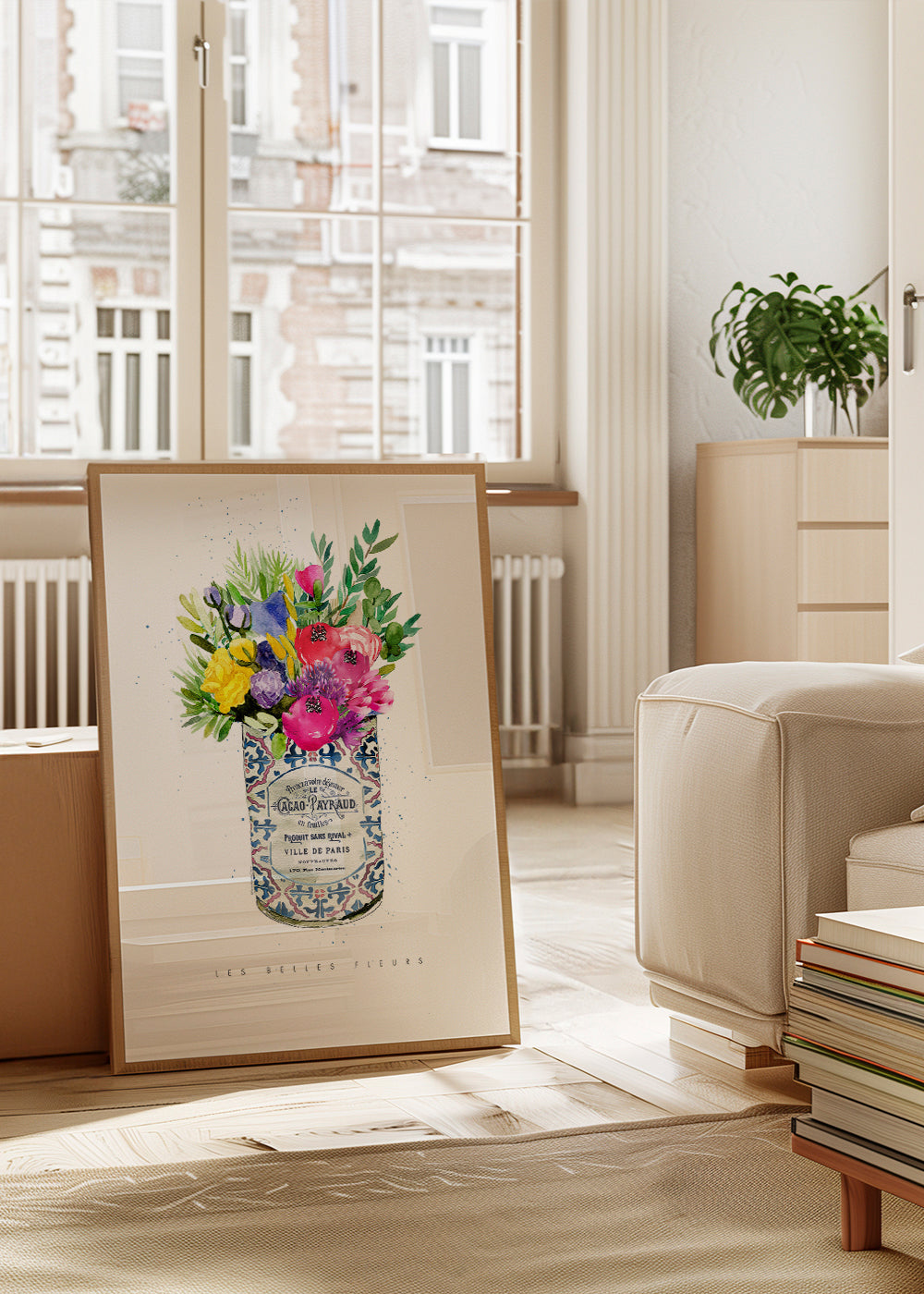 Botaniskt tryck i vintageburk med akvarellbukett