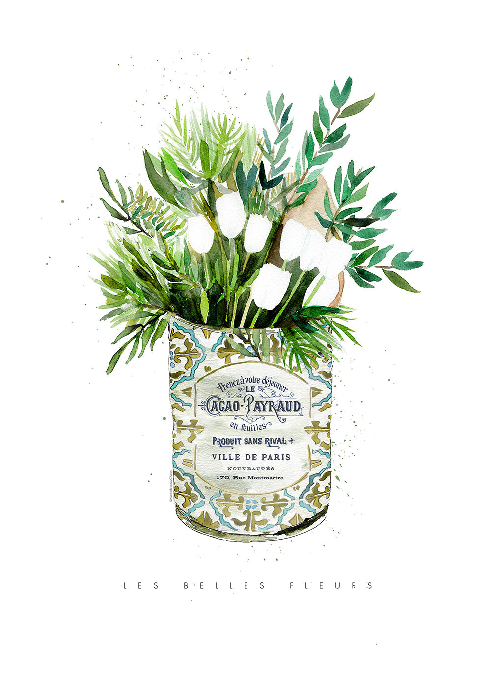 Botanisk poster vita tulpaner i vintageburk