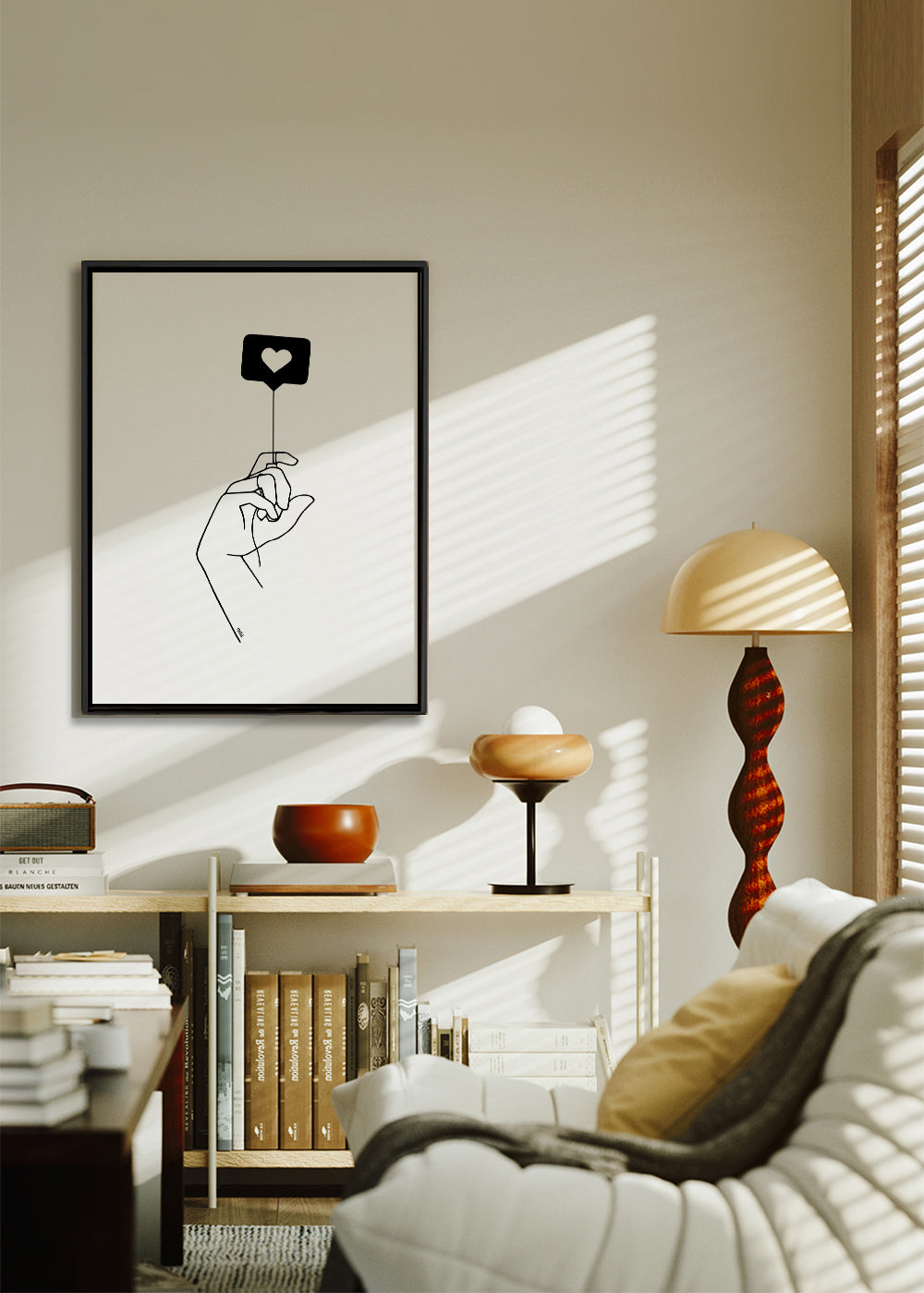 Minimalistisk illustration hand med hjärtbubbla
