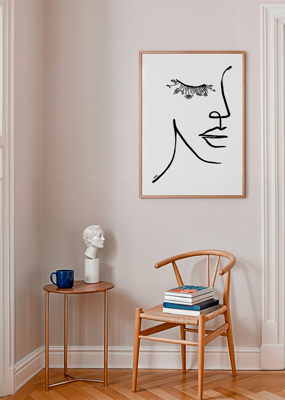 Minimal ansiktsillustration med blomfrans