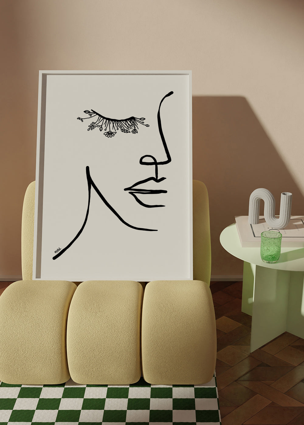 Minimal ansiktsillustration med blomfrans