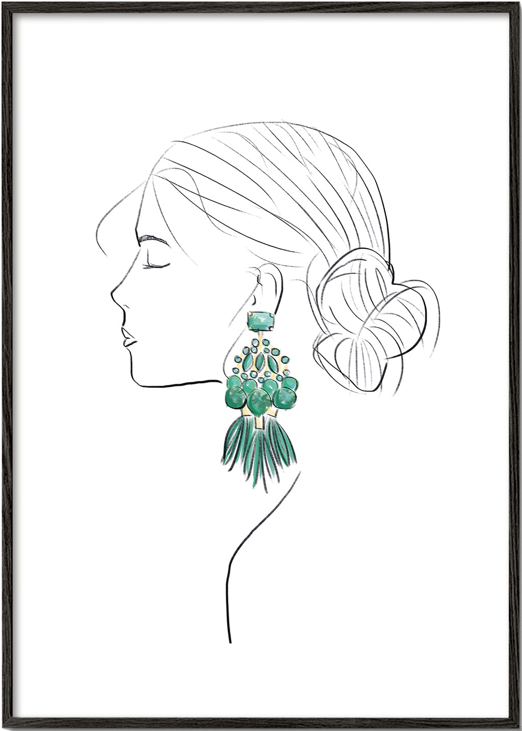 Illustration profil av kvinna med gröna örhängen