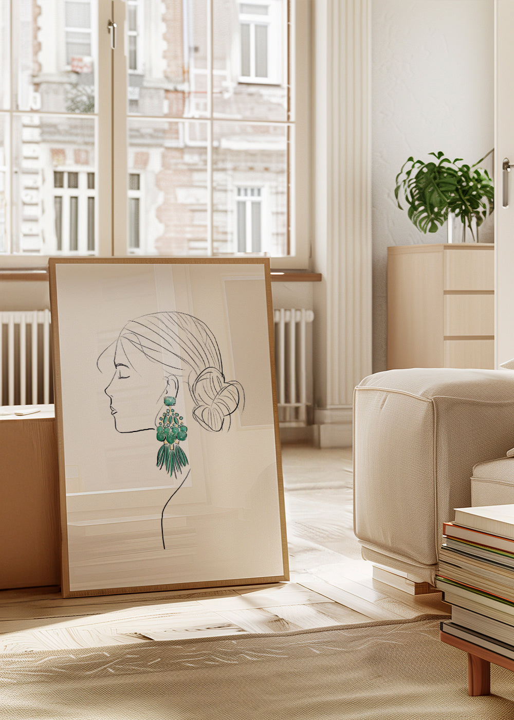 Illustration profil av kvinna med gröna örhängen