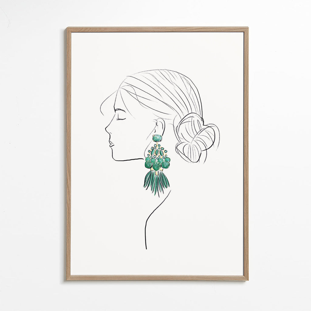 Illustration profil av kvinna med gröna örhängen