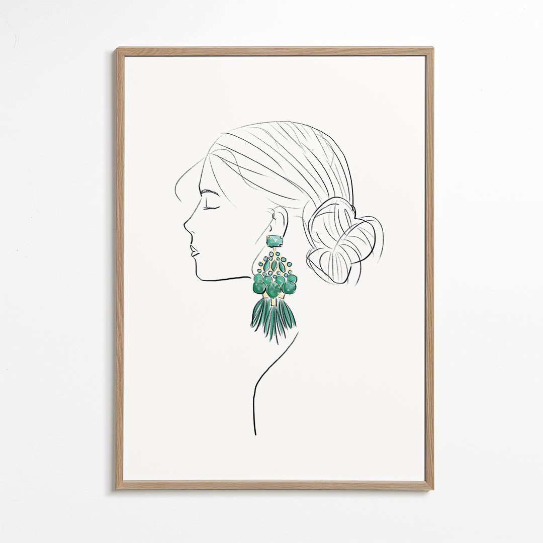 Illustration profil av kvinna med gröna örhängen
