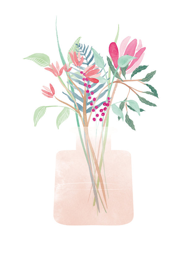 Botanisk poster med bukett i rosa vas