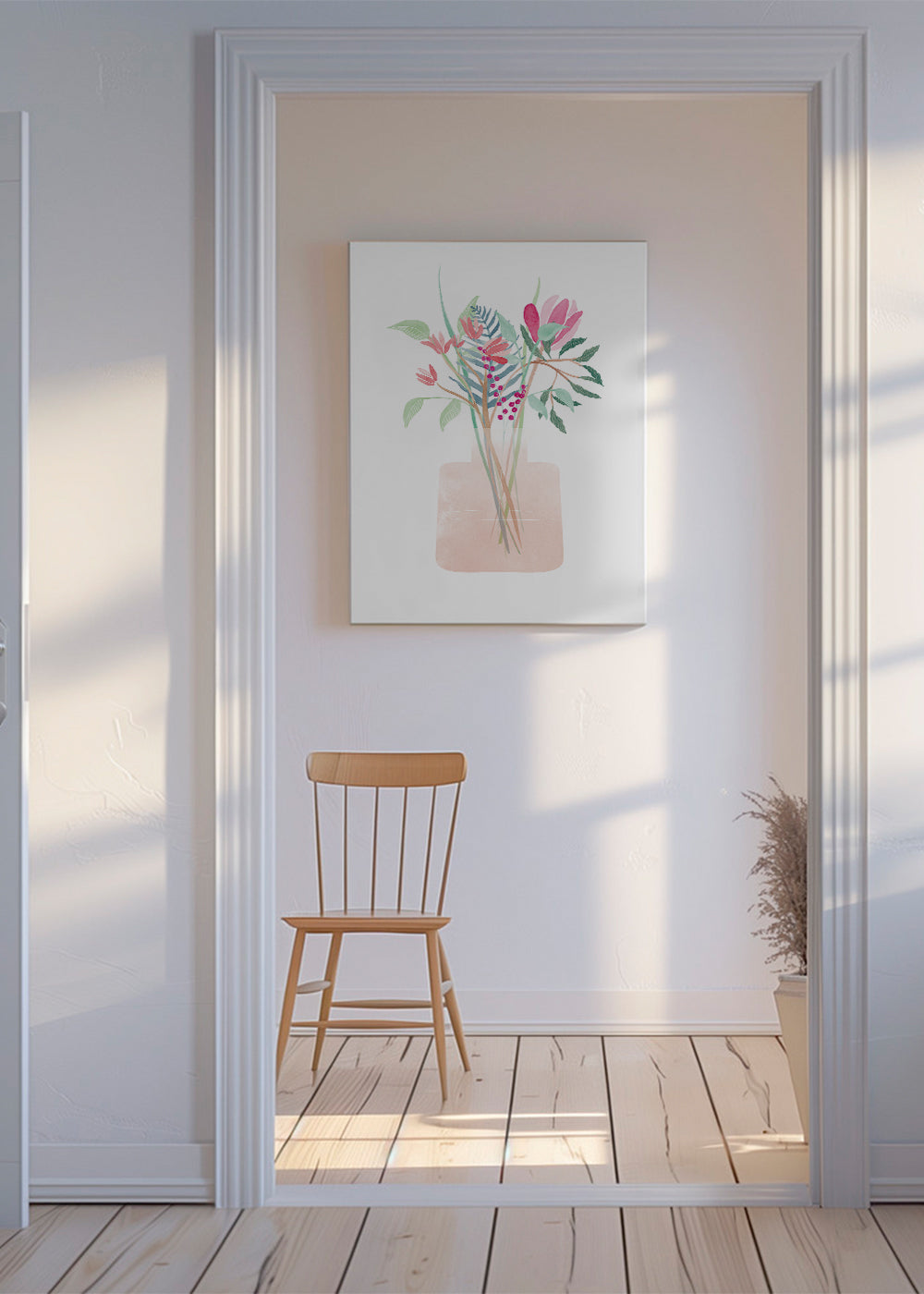 Botanisk poster med bukett i rosa vas