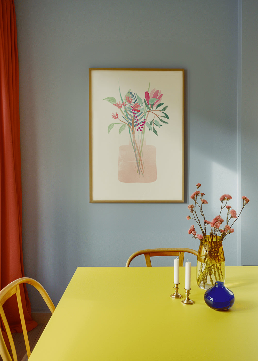 Botanisk poster med bukett i rosa vas