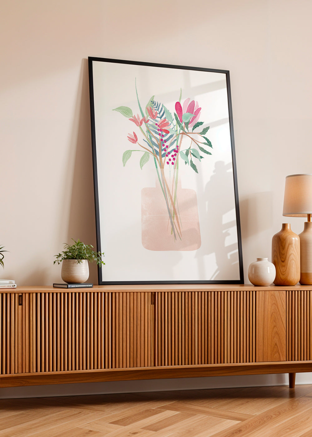 Botanisk poster med bukett i rosa vas