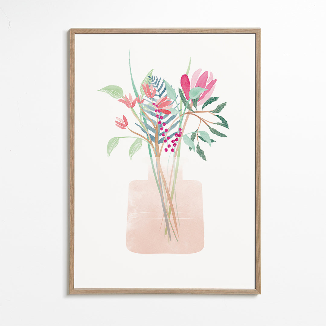 Botanisk poster med bukett i rosa vas