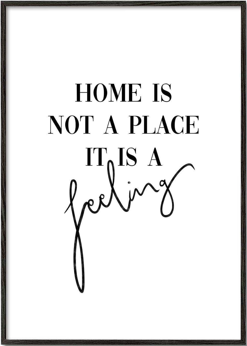 Svartvit typografisk poster "Home is a feeling"
