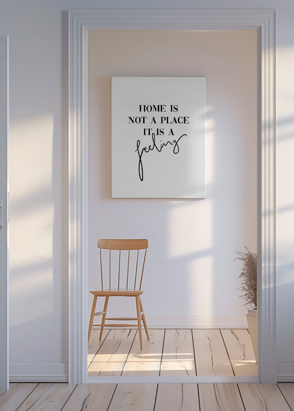 Svartvit typografisk poster "Home is a feeling"