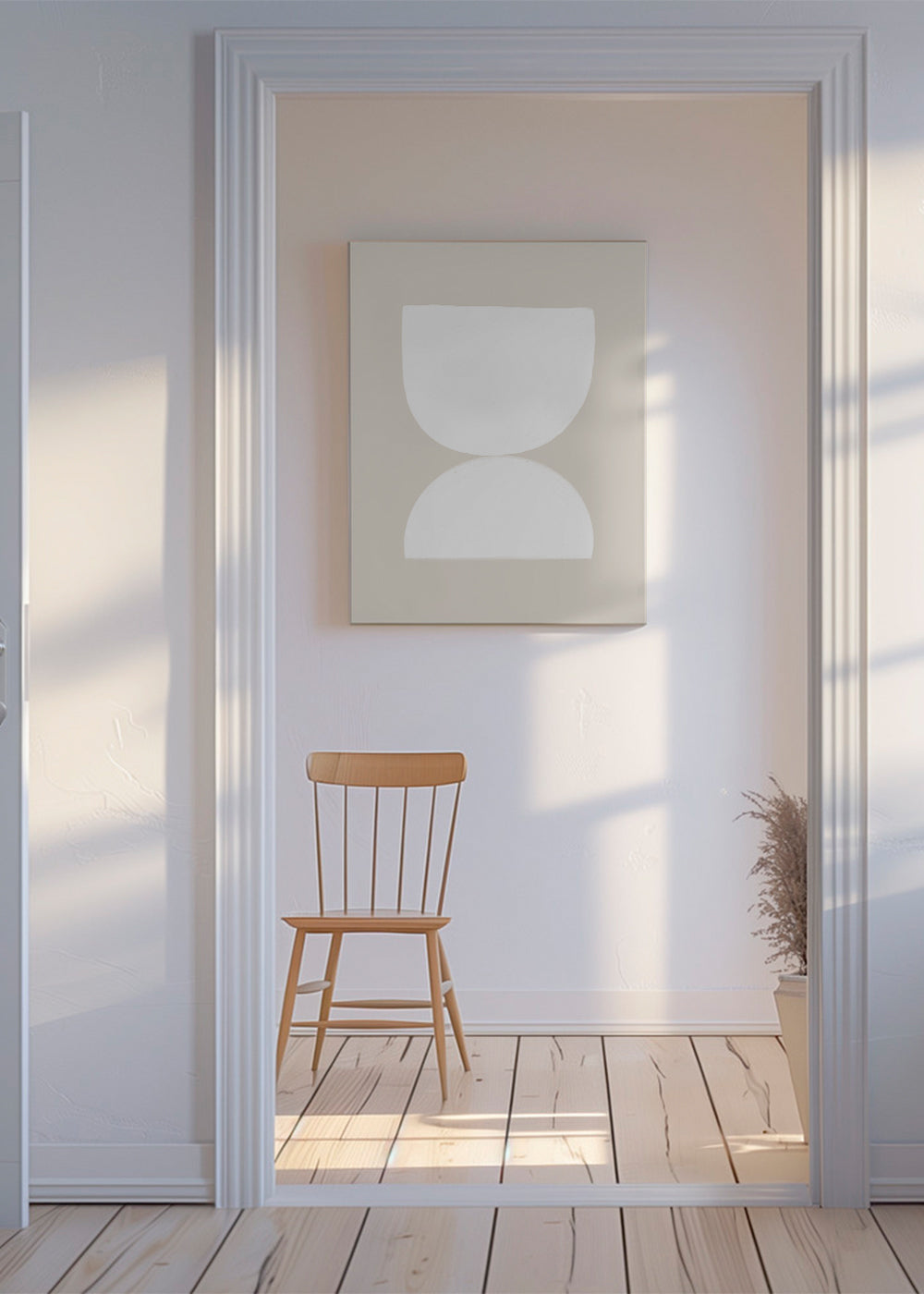 Minimalistiskt konstverk två vita former på beige