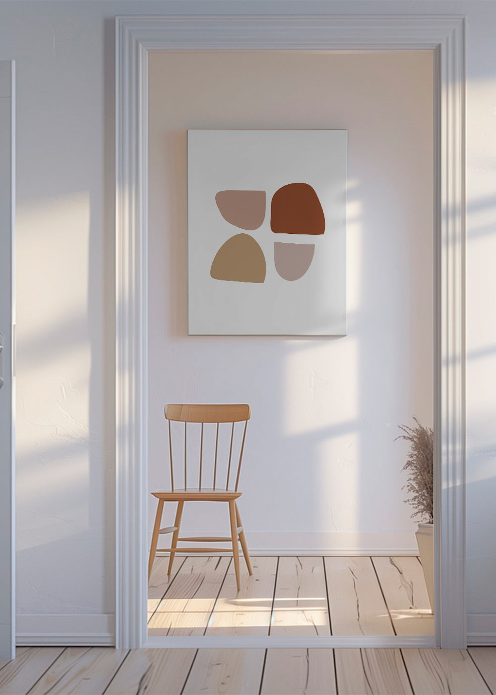 Minimalistisk poster med organiska beige och terrakotta former