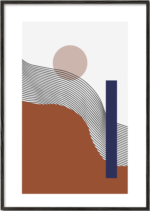 Geometrisk poster med vågiga linjer och blå block