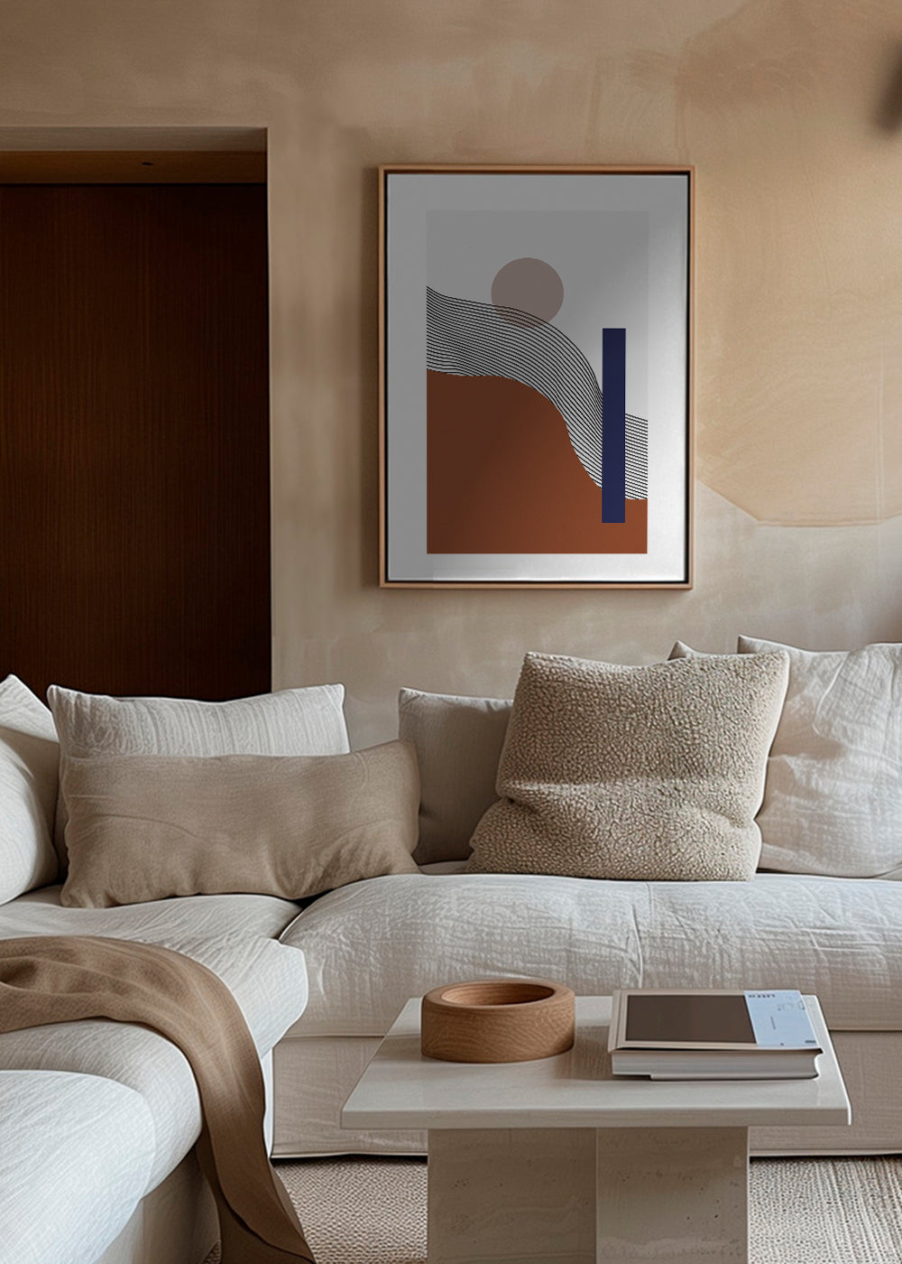 Geometrisk poster med vågiga linjer och blå block
