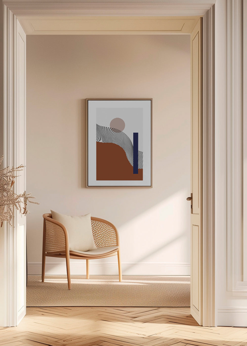 Geometrisk poster med vågiga linjer och blå block
