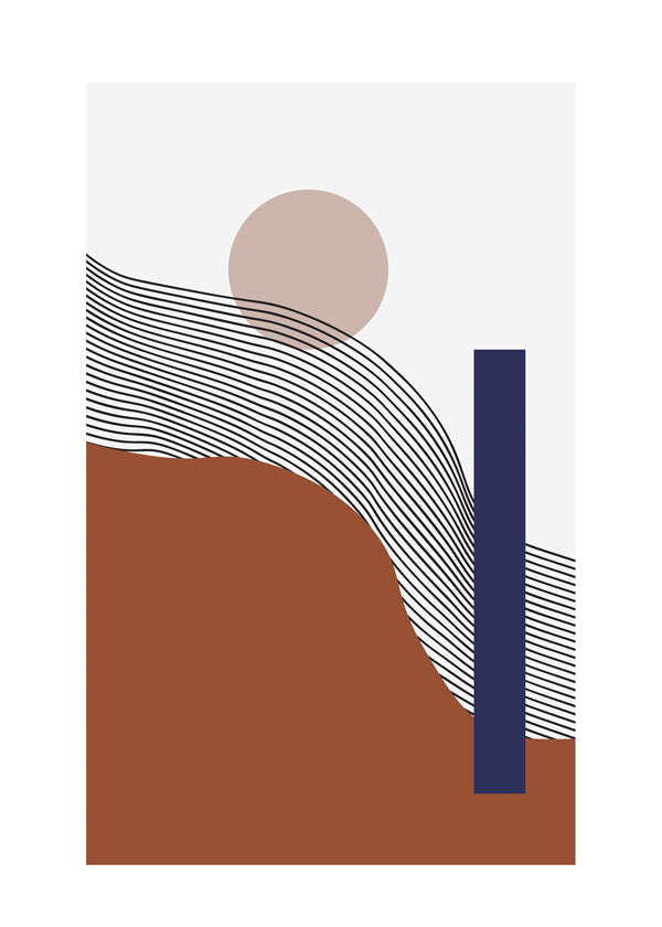 Geometrisk poster med vågiga linjer och blå block
