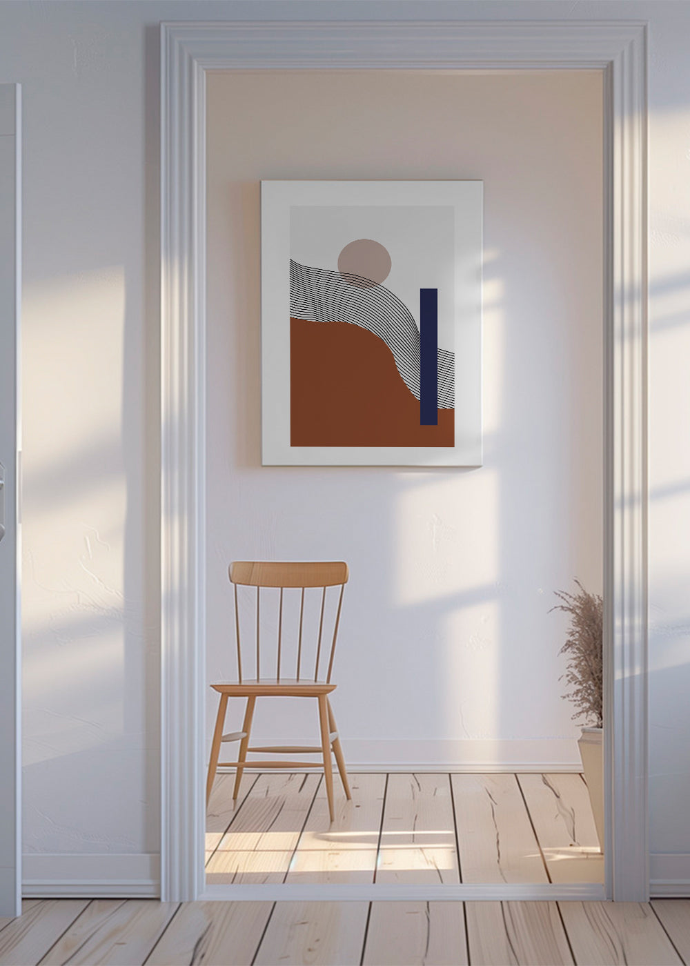 Geometrisk poster med vågiga linjer och blå block