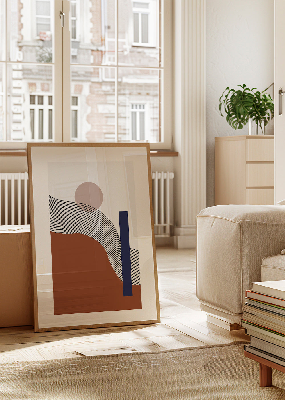 Geometrisk poster med vågiga linjer och blå block