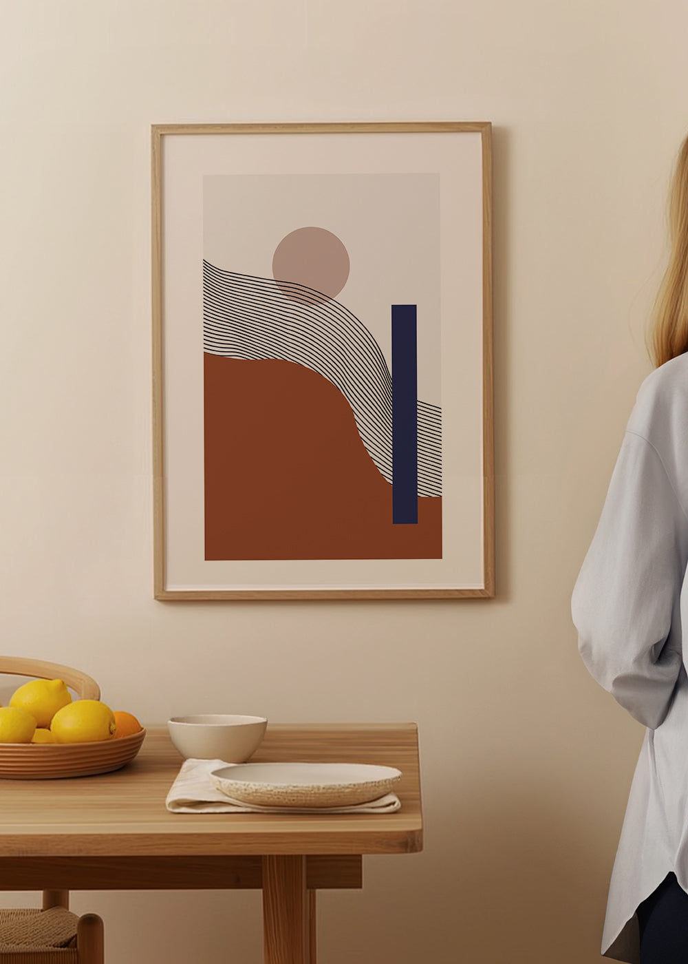Geometrisk poster med vågiga linjer och blå block