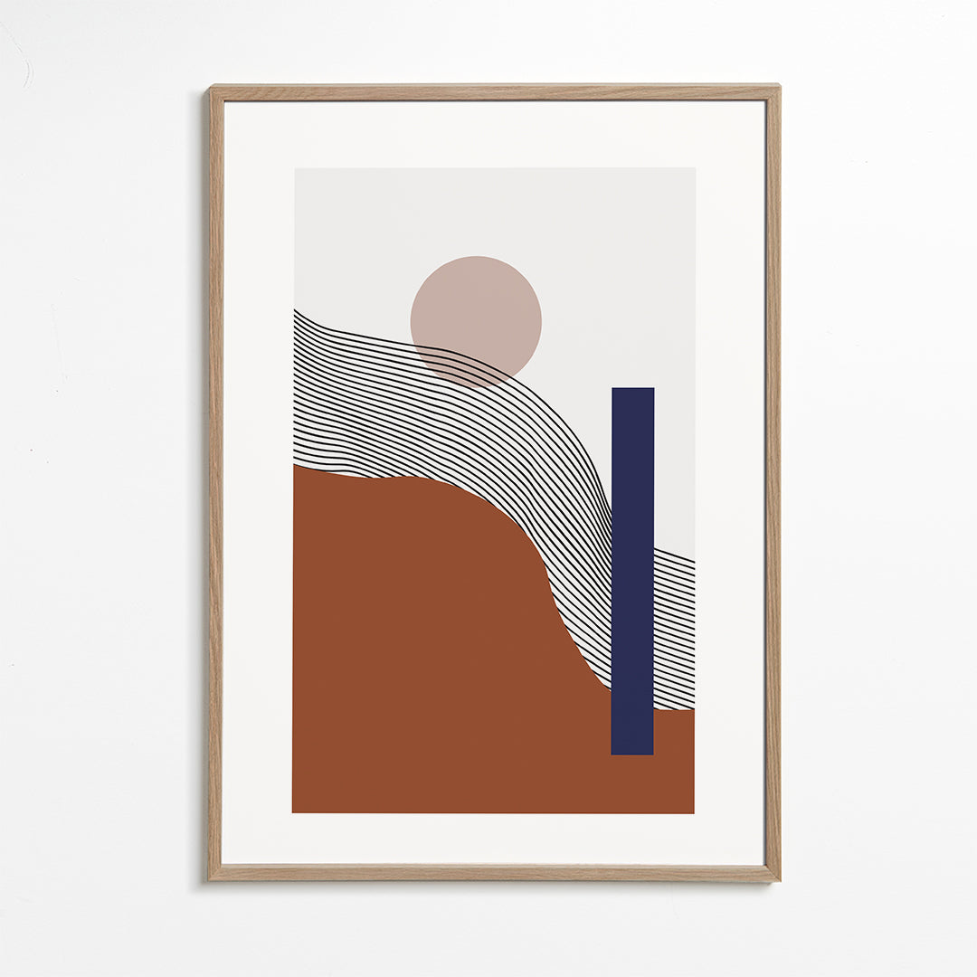 Geometrisk poster med vågiga linjer och blå block