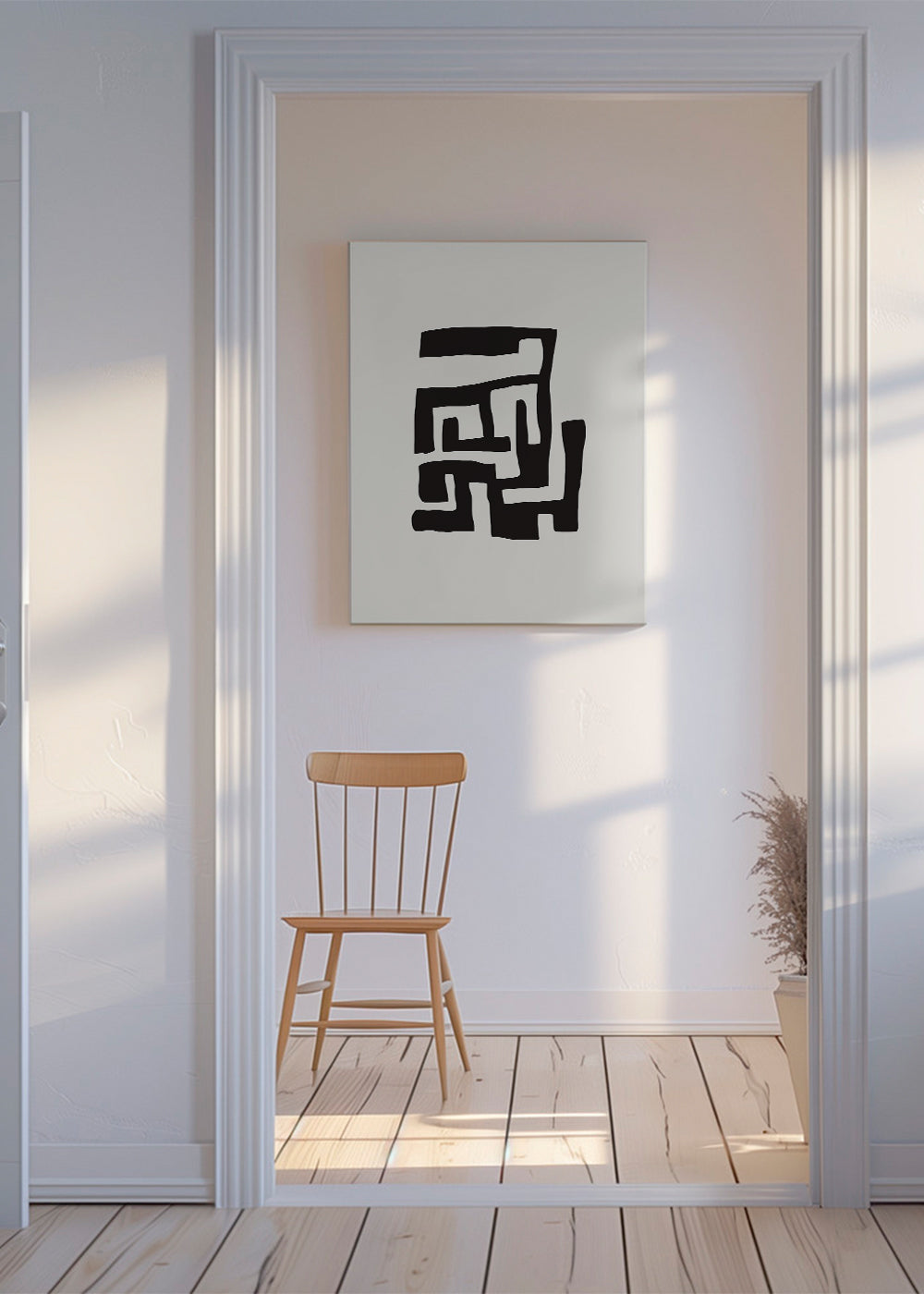 Abstrakt konst i svart på beige bakgrund