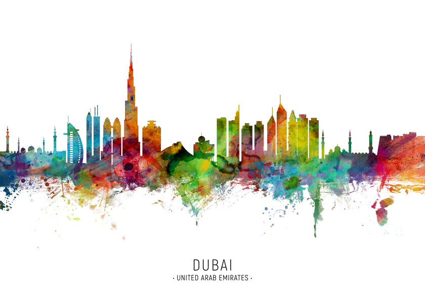 Stadstavla Dubai skyline akvarell