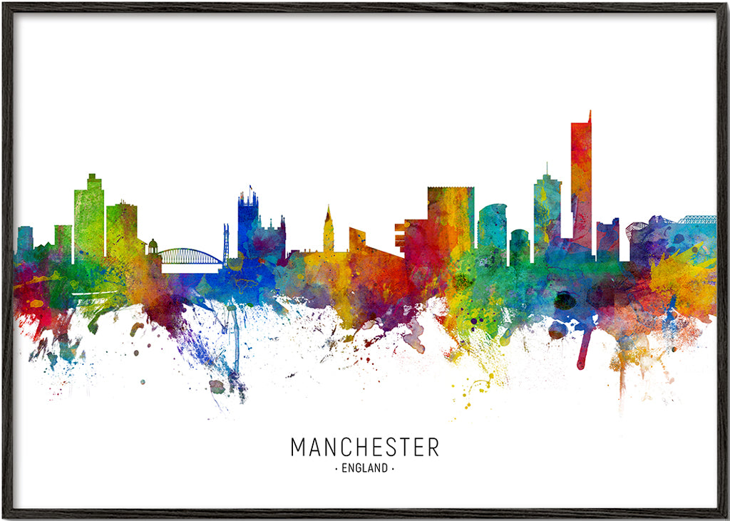 Reseaffisch: Manchester skyline i färgexplosion