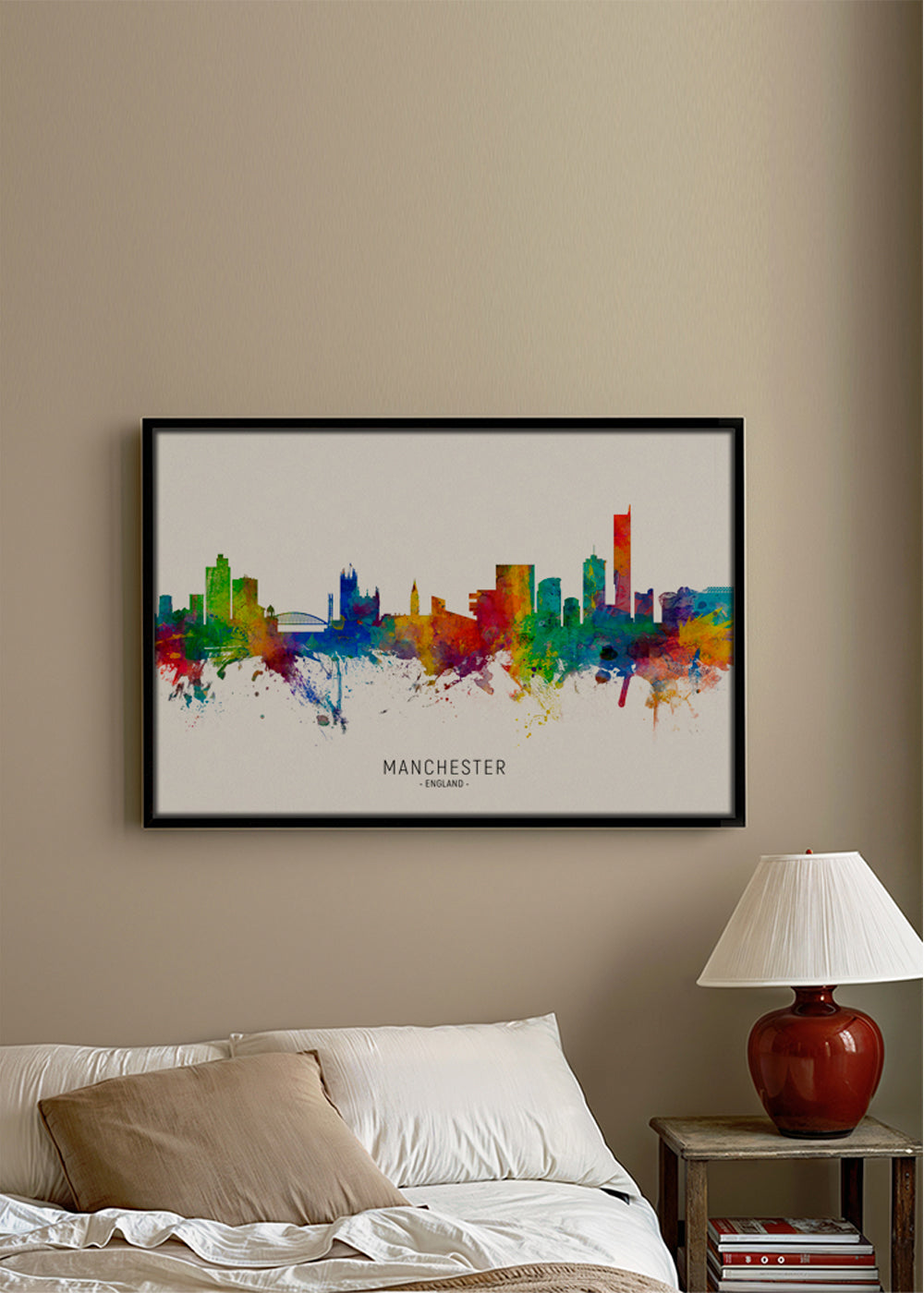 Reseaffisch: Manchester skyline i färgexplosion