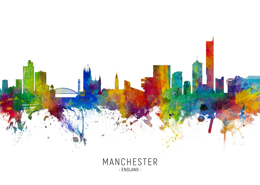 Reseaffisch: Manchester skyline i färgexplosion
