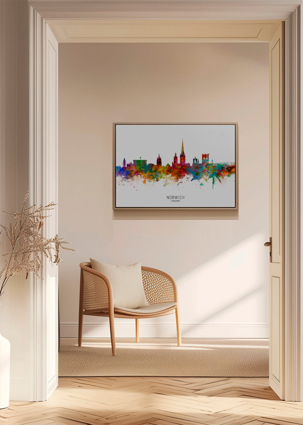 Kökskonst Norwich skyline akvarell i många färger