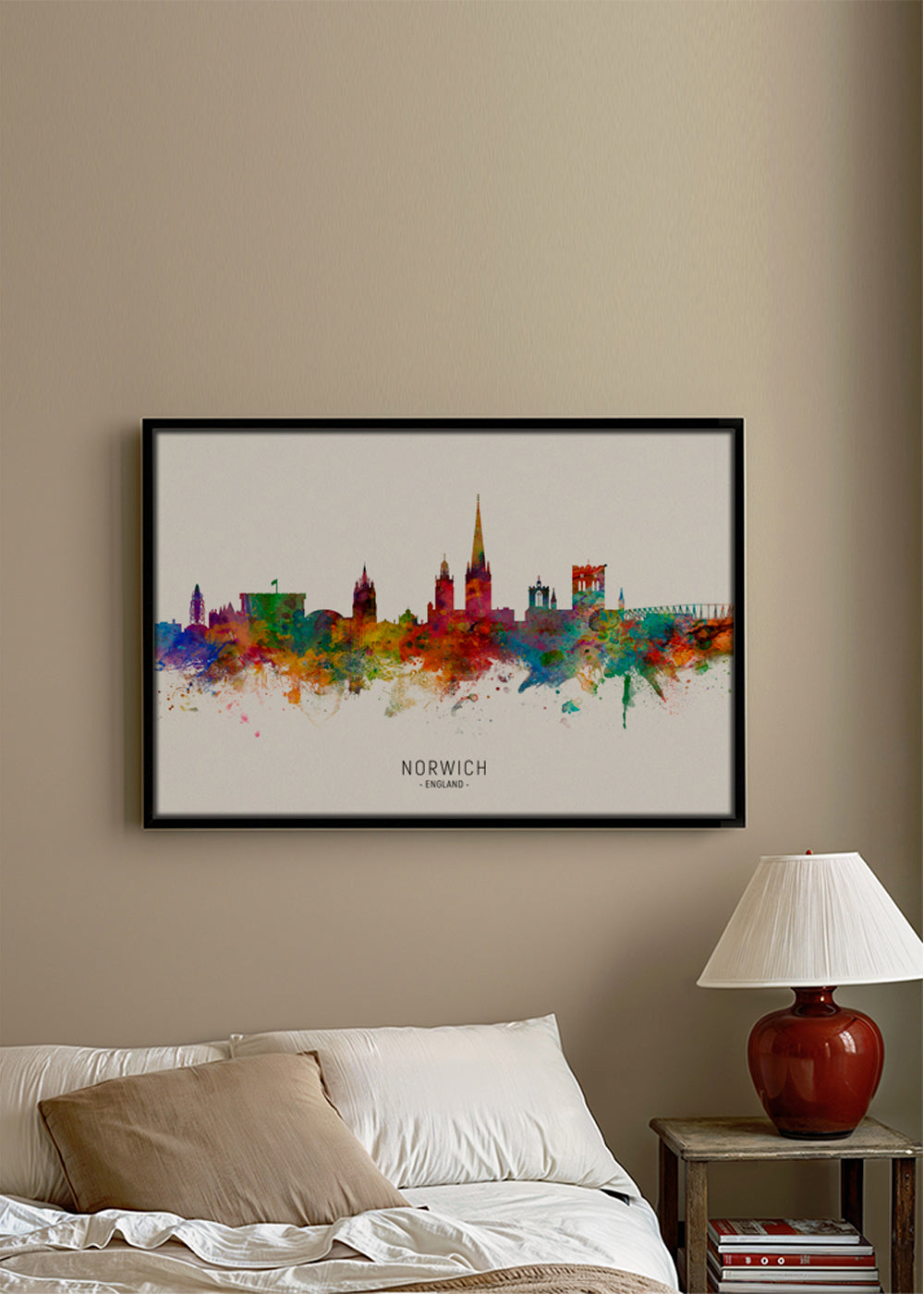 Kökskonst Norwich skyline akvarell i många färger