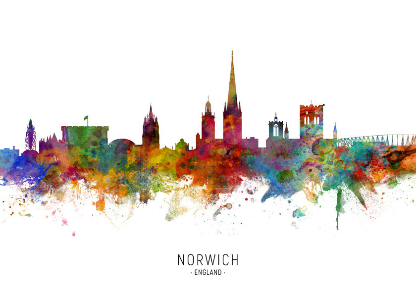 Kökskonst Norwich skyline akvarell i många färger