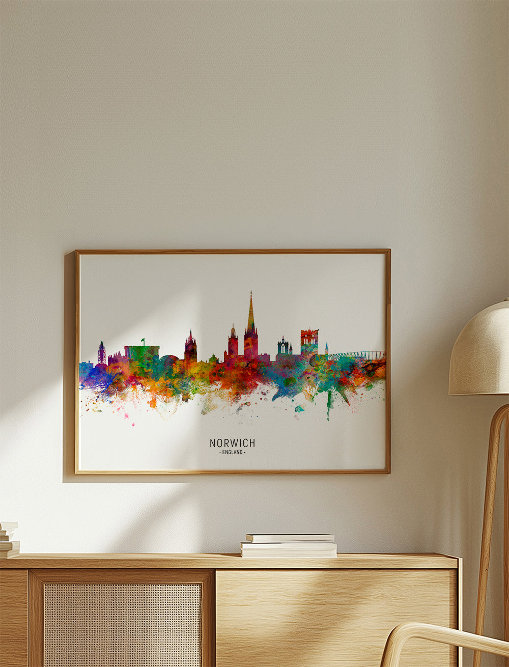 Kökskonst Norwich skyline akvarell i många färger