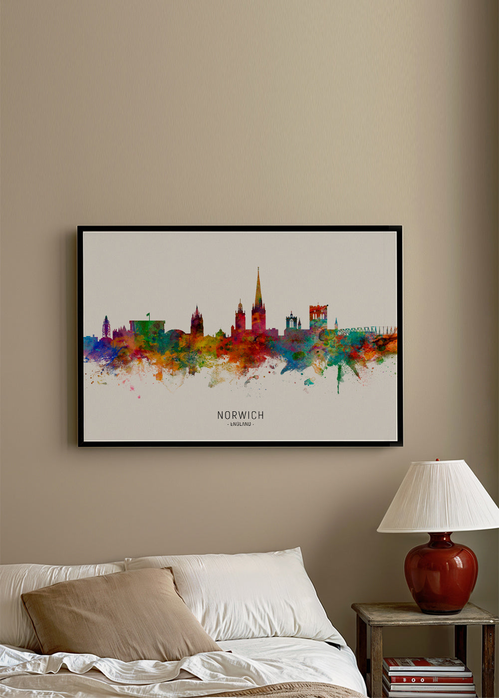 Kökskonst Norwich skyline akvarell i många färger