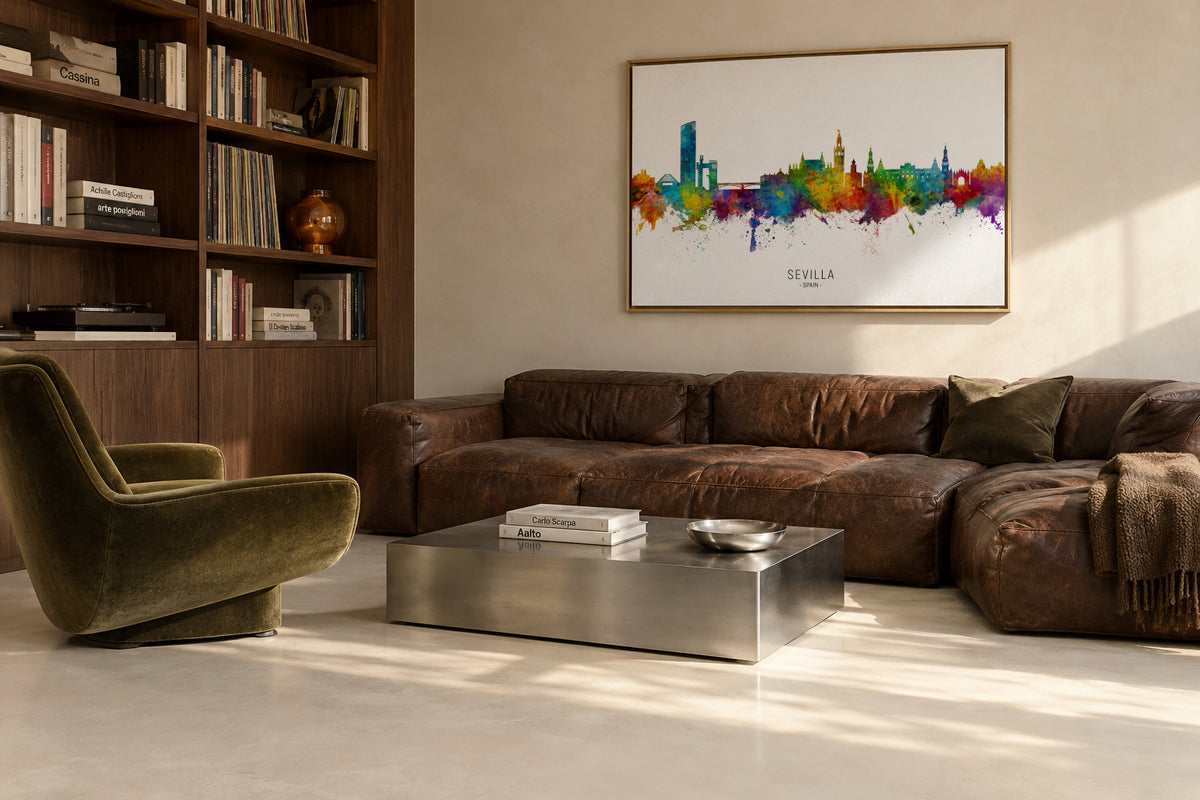 Sevilla Skyline multicolor - Framed canvas in an interior