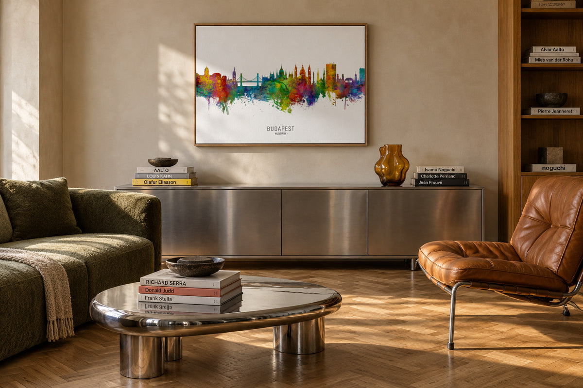 Budapest Skyline multicolor - Framed canvas in an interior