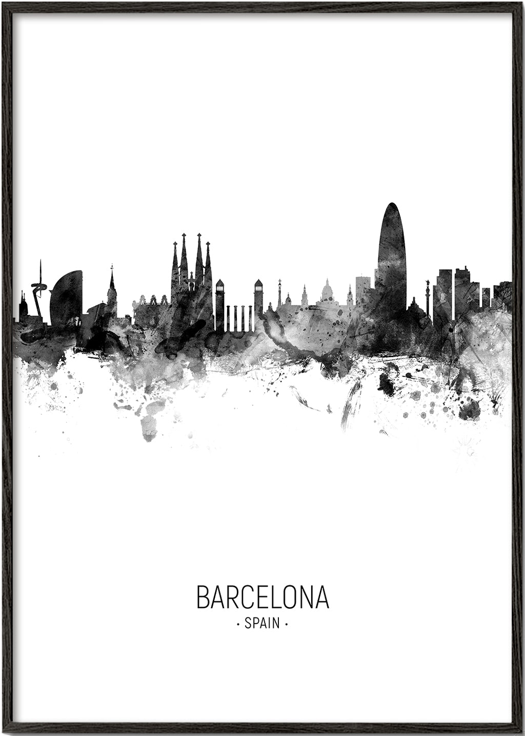 Stadskonst: Barcelonas skyline i monokromt bläck