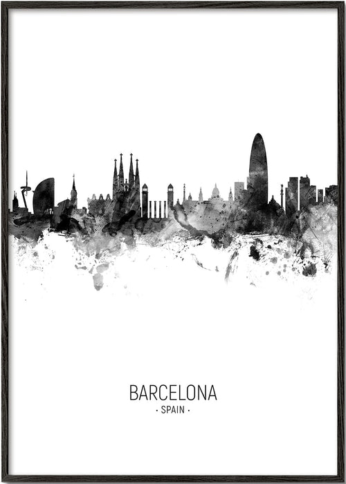 Stadskonst: Barcelonas skyline i monokromt bläck