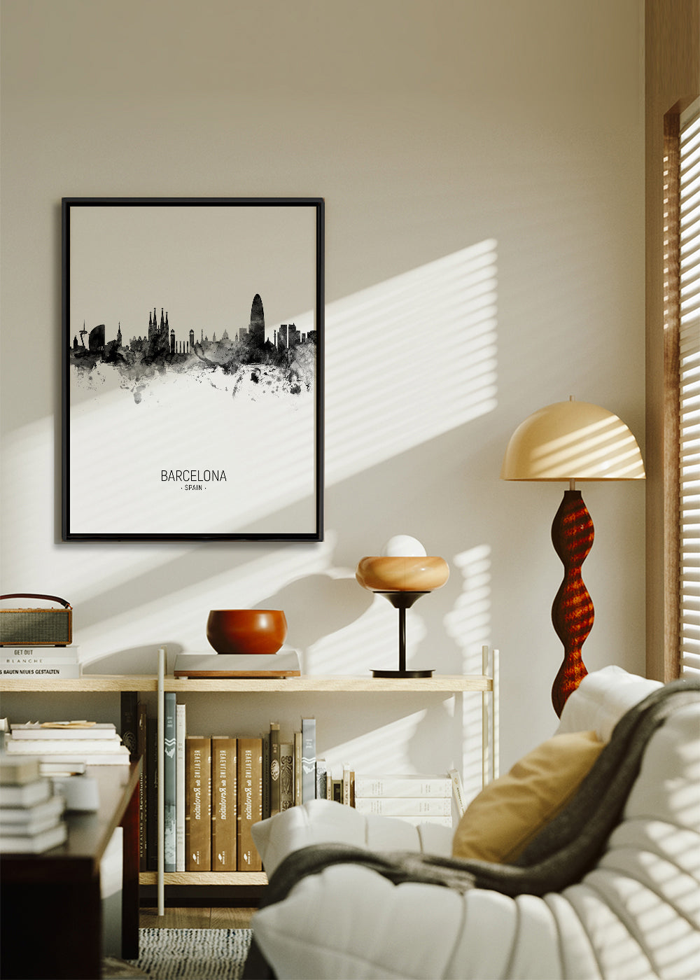 Stadskonst: Barcelonas skyline i monokromt bläck