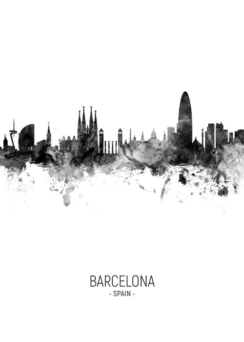 Stadskonst: Barcelonas skyline i monokromt bläck