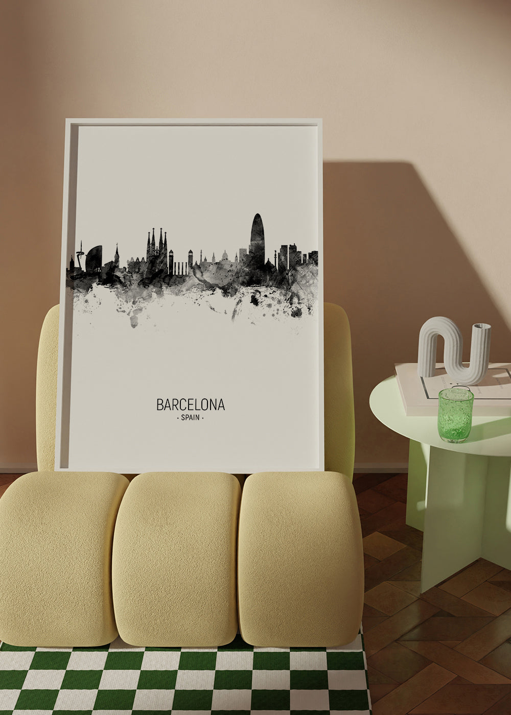 Stadskonst: Barcelonas skyline i monokromt bläck